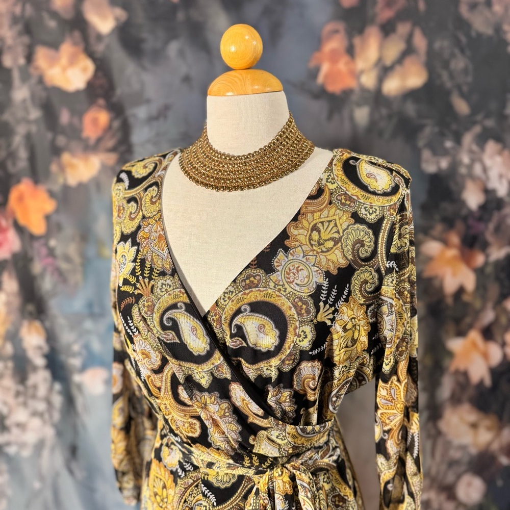 Black & Gold Paisley Faux Wrap Maxi Dress - Picture 3 of 9